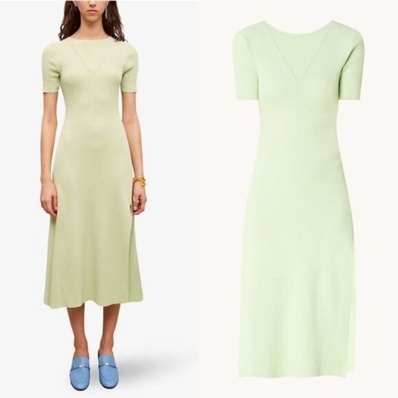 NWT Maje Ruche Tie Back Midi Dress 40 Vert L Ribbed Knit Stretch - Picture 3 of 15